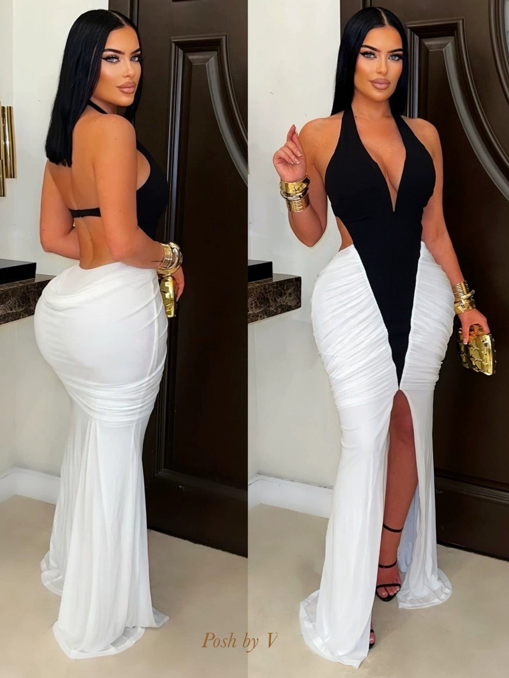 Zara Sleeveless Black White Pleated Backless Halter Neck Formal Gown
